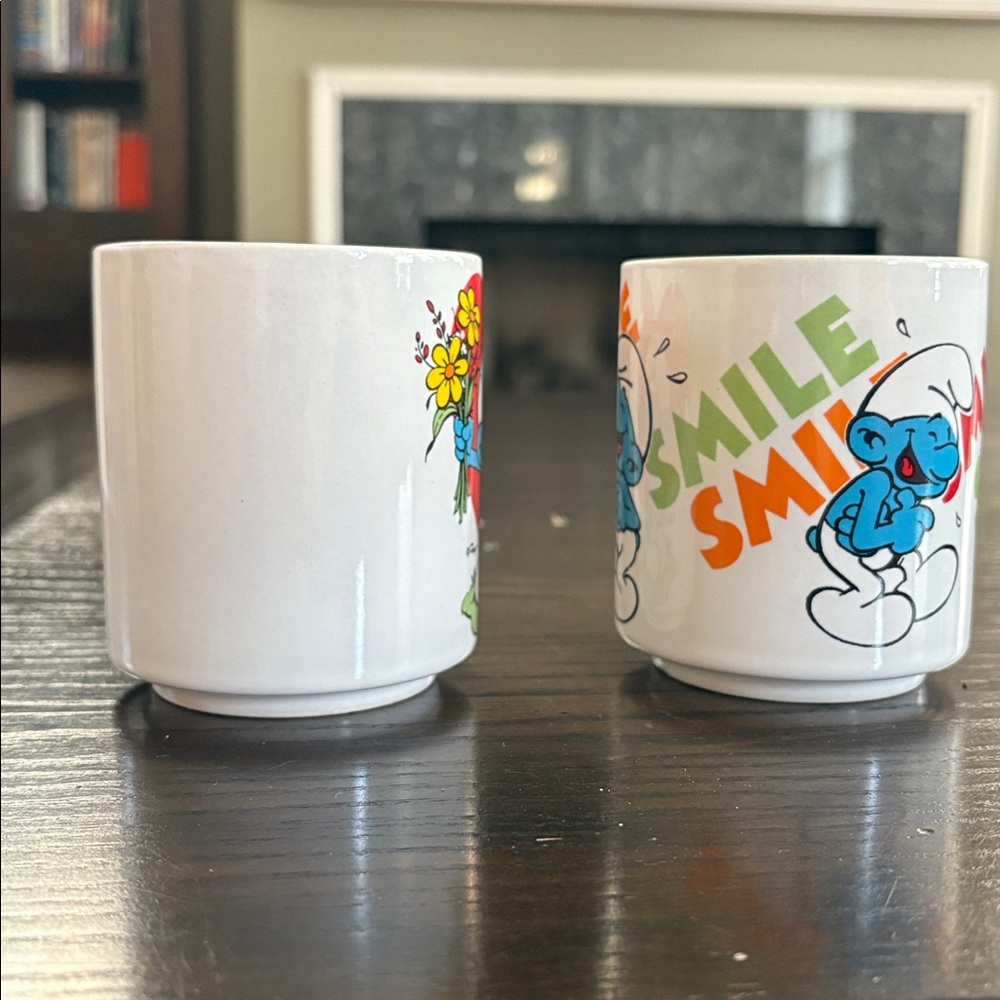 Set of 2 Vintage 1980s Smurfs White Ceramic Coffee Cup Mugs - Picture 2 of 6